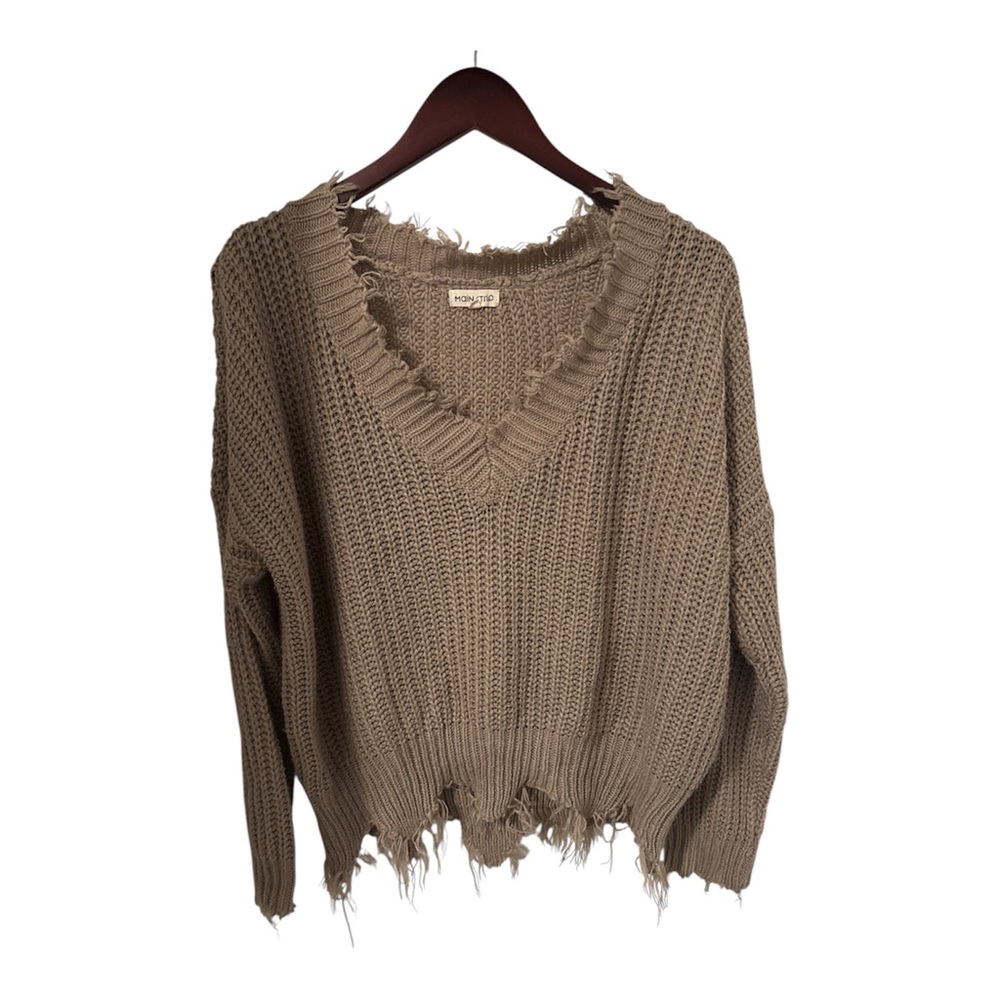 Women’s Distressed Long Sleeve Sweater By MainStrip, Tan/Beige, V Neck, Medium - Picture 4 of 7